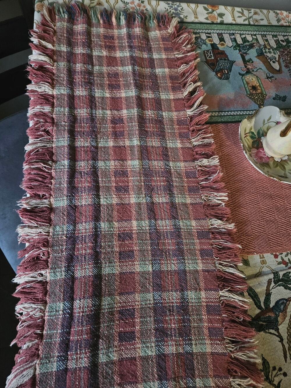 Vintage Woven Plaid Table Runner Fringe Primitive Country Farmhouse Rustic Decor